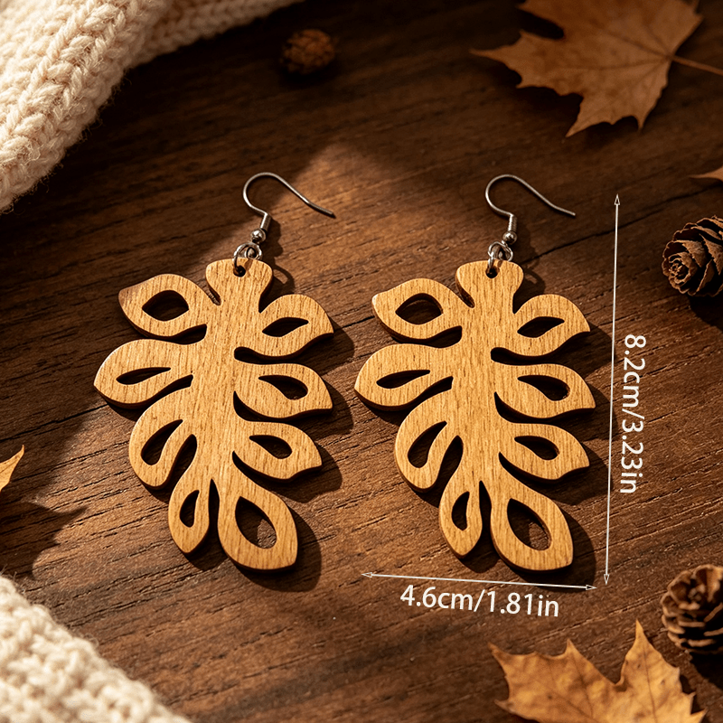Women's Vintage Wooden Leaf-shaped Earrings, Bohemian Style